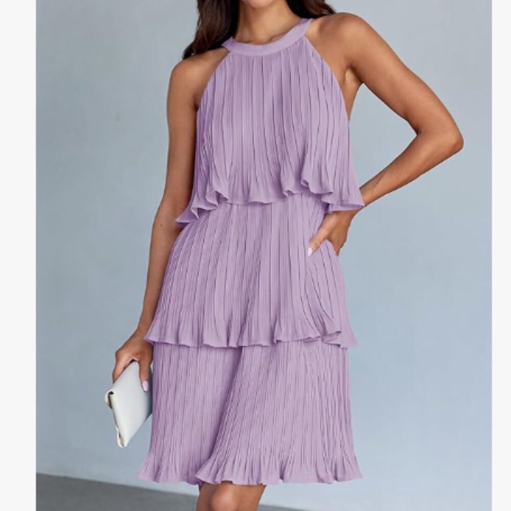 NWT Lilac Pleated Tiered Dress – Sleeveless Halter Neck - Picture 5 of 6